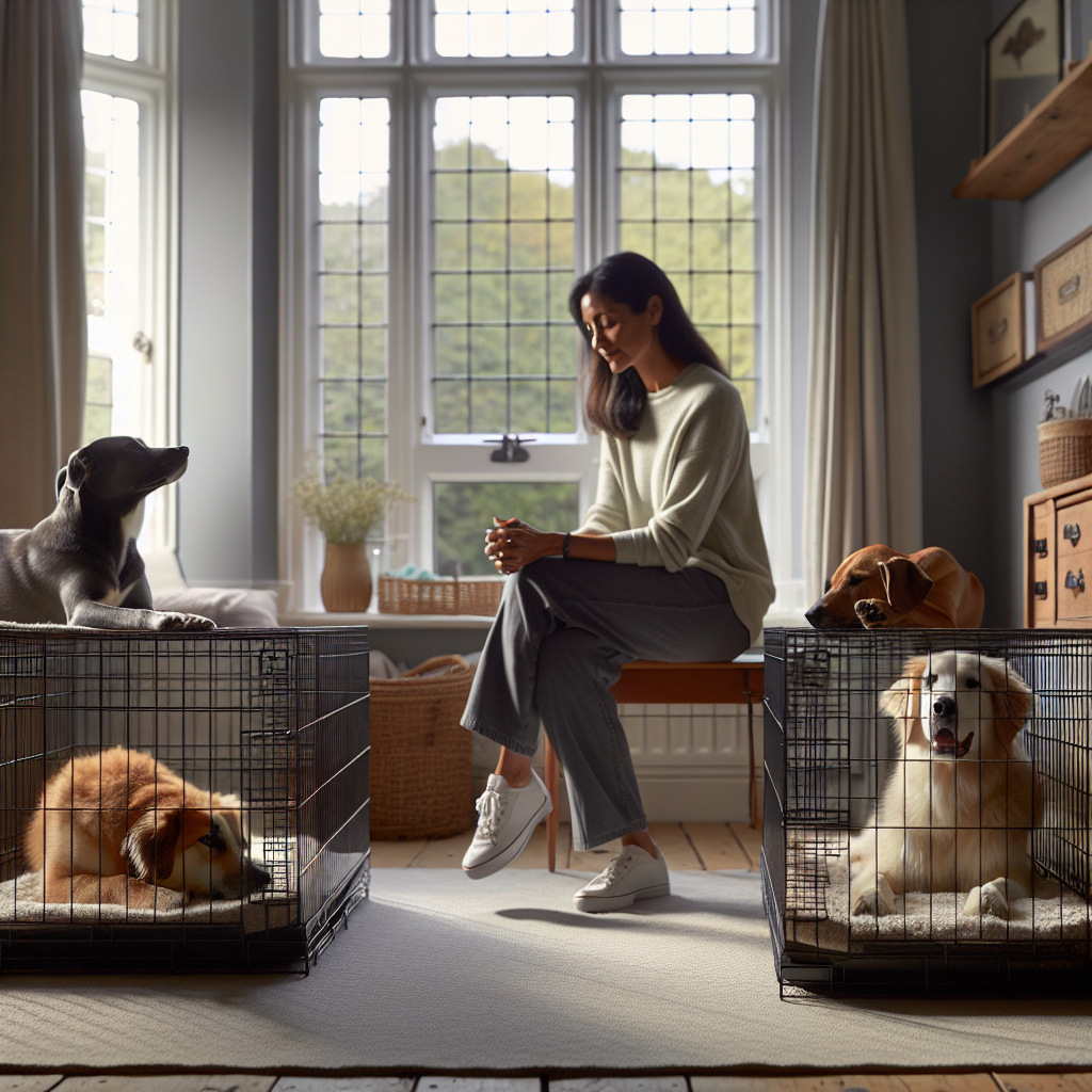 Trainer guiding three dogs to settle calmly in separate crates inside a UK home