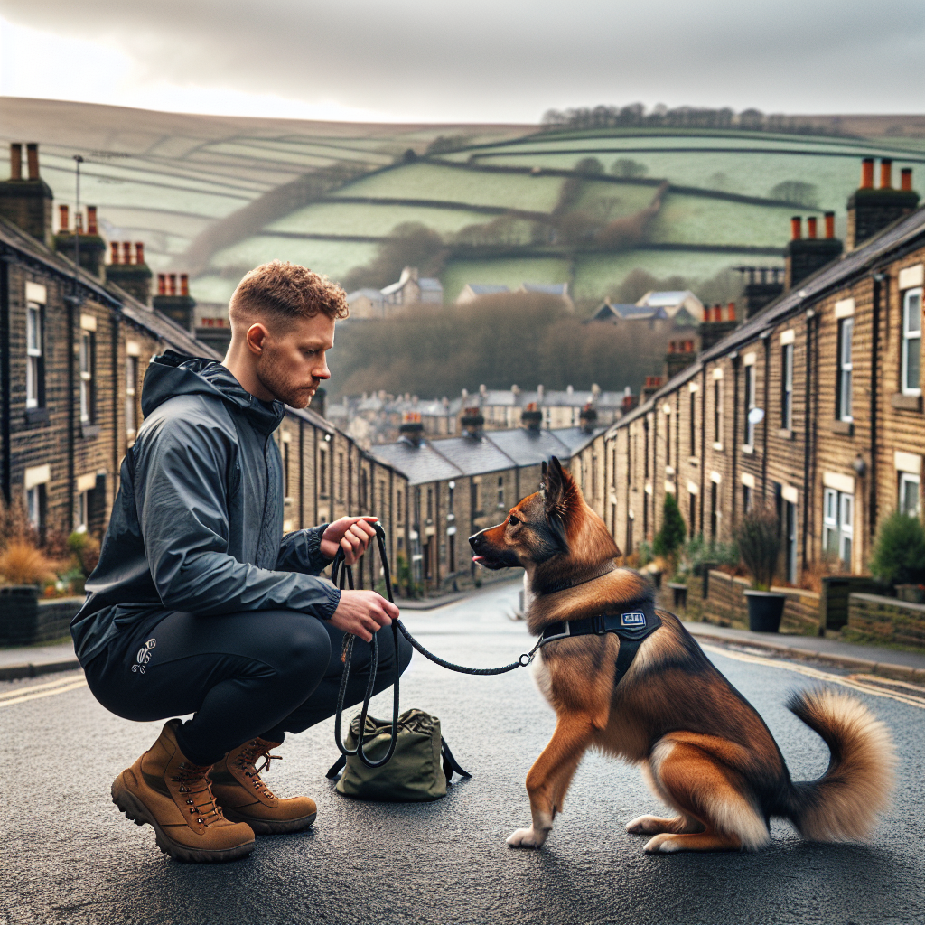 Trainer practising loose lead walking with a dog on a Halifax street with hills behind