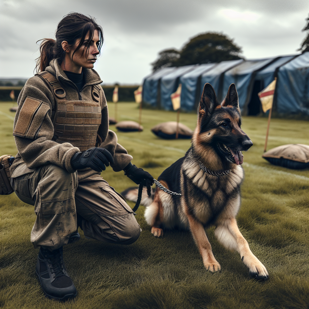 IGP handler and German Shepherd practising heelwork on a UK training field with blinds and flags