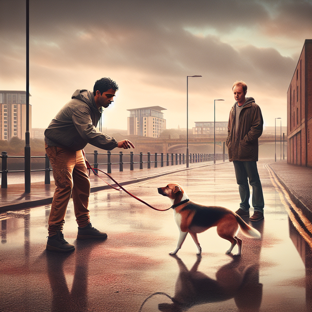 Trainer coaching a mixed breed dog on a riverside path in Gateshead