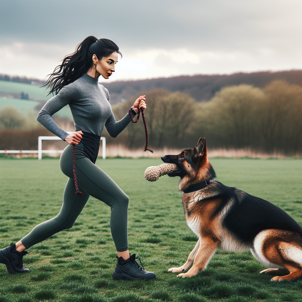 Trainer practising IGP heeling with German Shepherd using marker rewards in a UK field