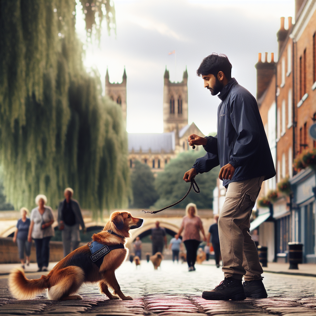 Trainer practising heel and sit with a mixed breed dog on a cobbled UK street near greenery
