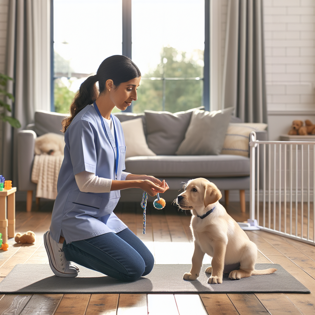 Trainer teaches a Labrador puppy calm settle and gentle tug rules on a mat in a UK home