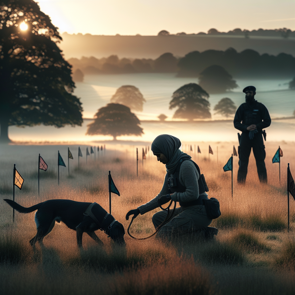 Handler and working dog practising IGP heel work on a UK field with tracking flags and helper sleeve in the background