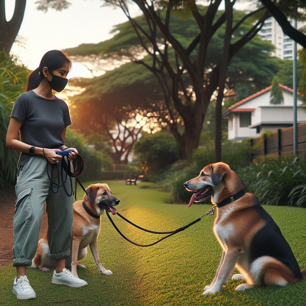 UK trainer shows two dogs a calm play break with tug toys and a long line in a green park