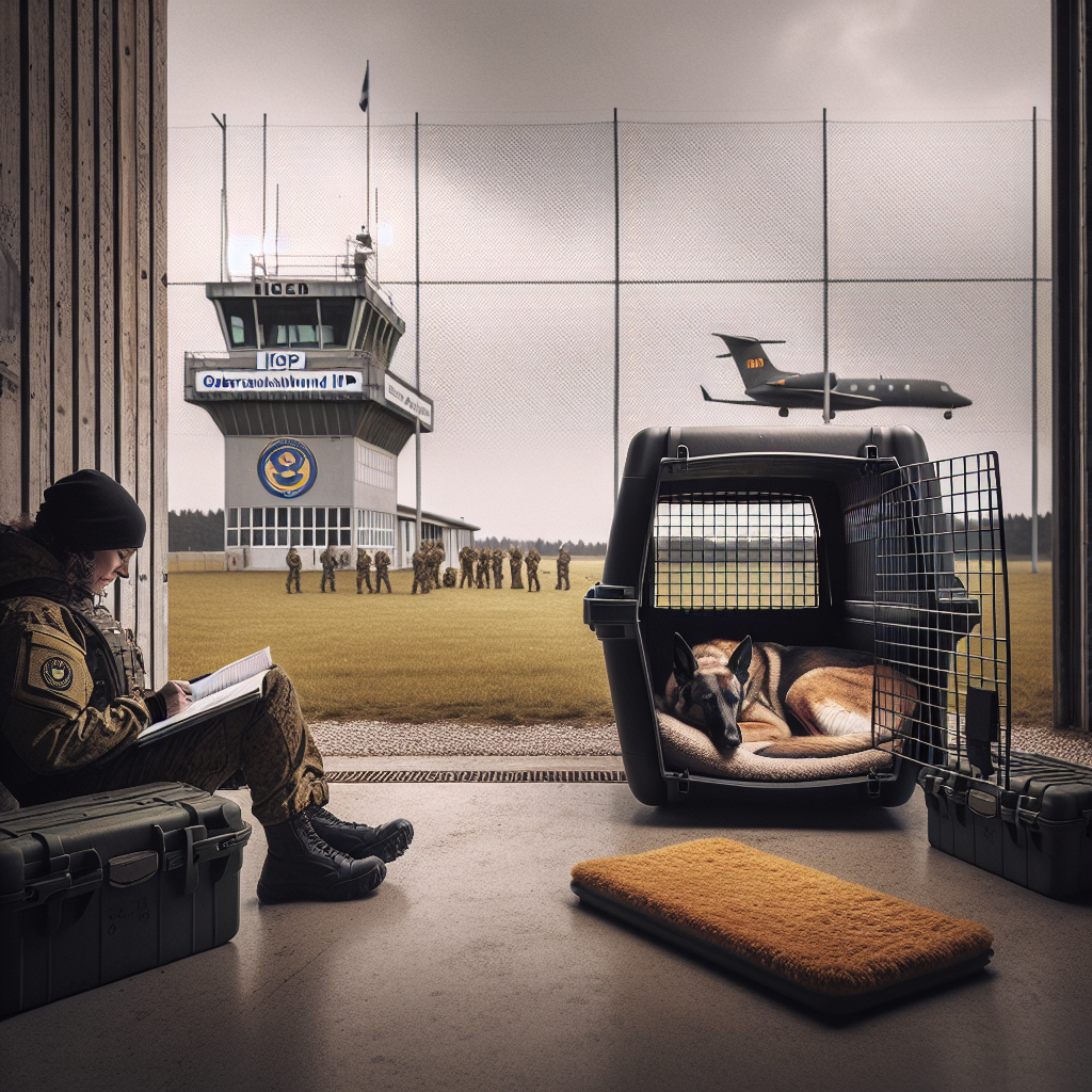 Sport dog resting calmly in a travel crate beside an IGP field with a trainer reviewing notes