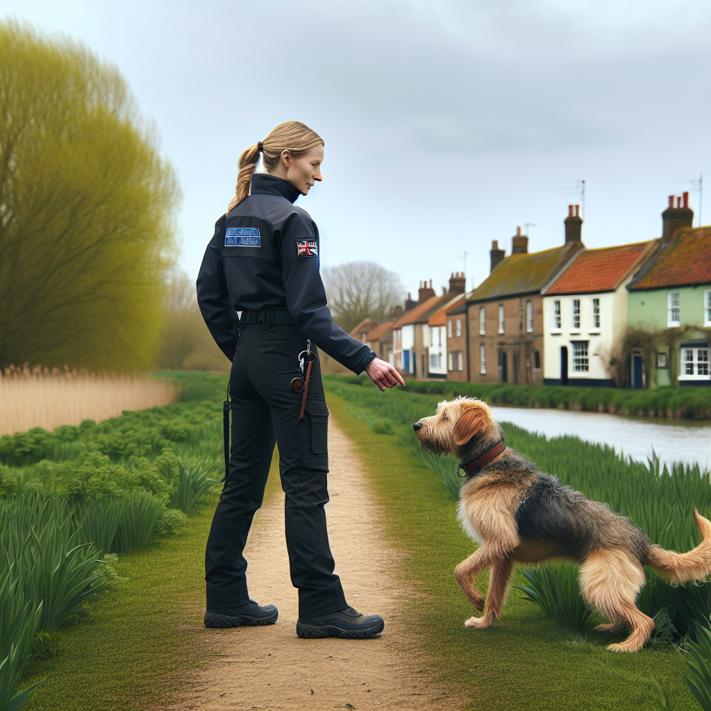 Smart trainer practising heel and recall with a dog on a riverside path near Spalding