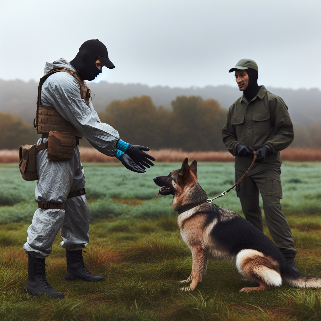 IGP helper presenting a sleeve to a focused German Shepherd while a Smart trainer coaches on a UK field