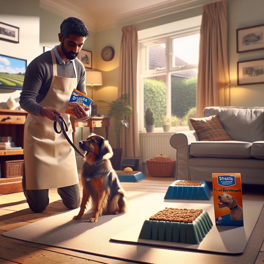 Trainer guiding a dog through snuffle and lick mat food enrichment in a UK living room