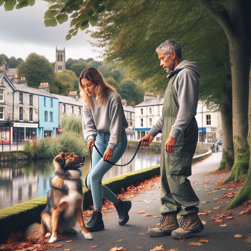 Trainer practising loose lead walking and recall with a dog on a leafy Kendal riverside path