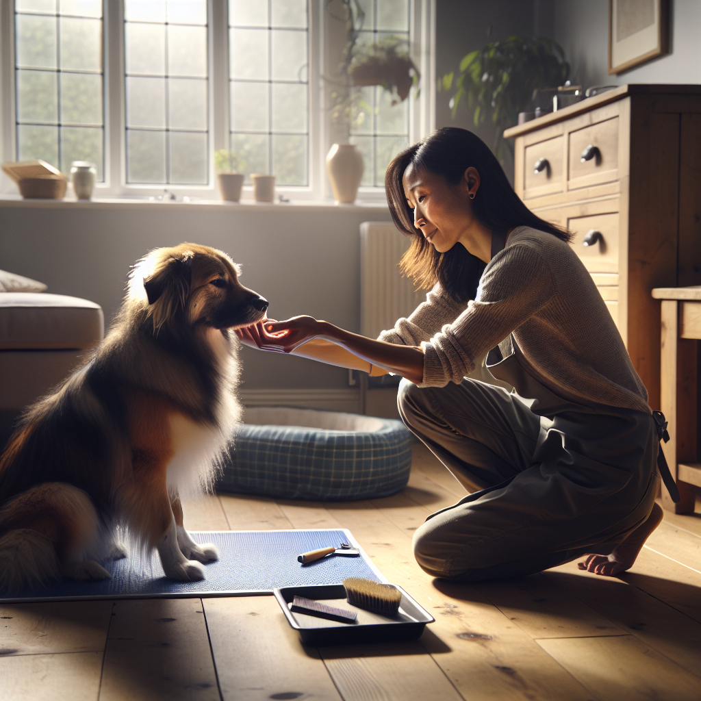 UK trainer teaching a calm chin rest while a dog relaxes on a grooming mat with brush and file nearby
