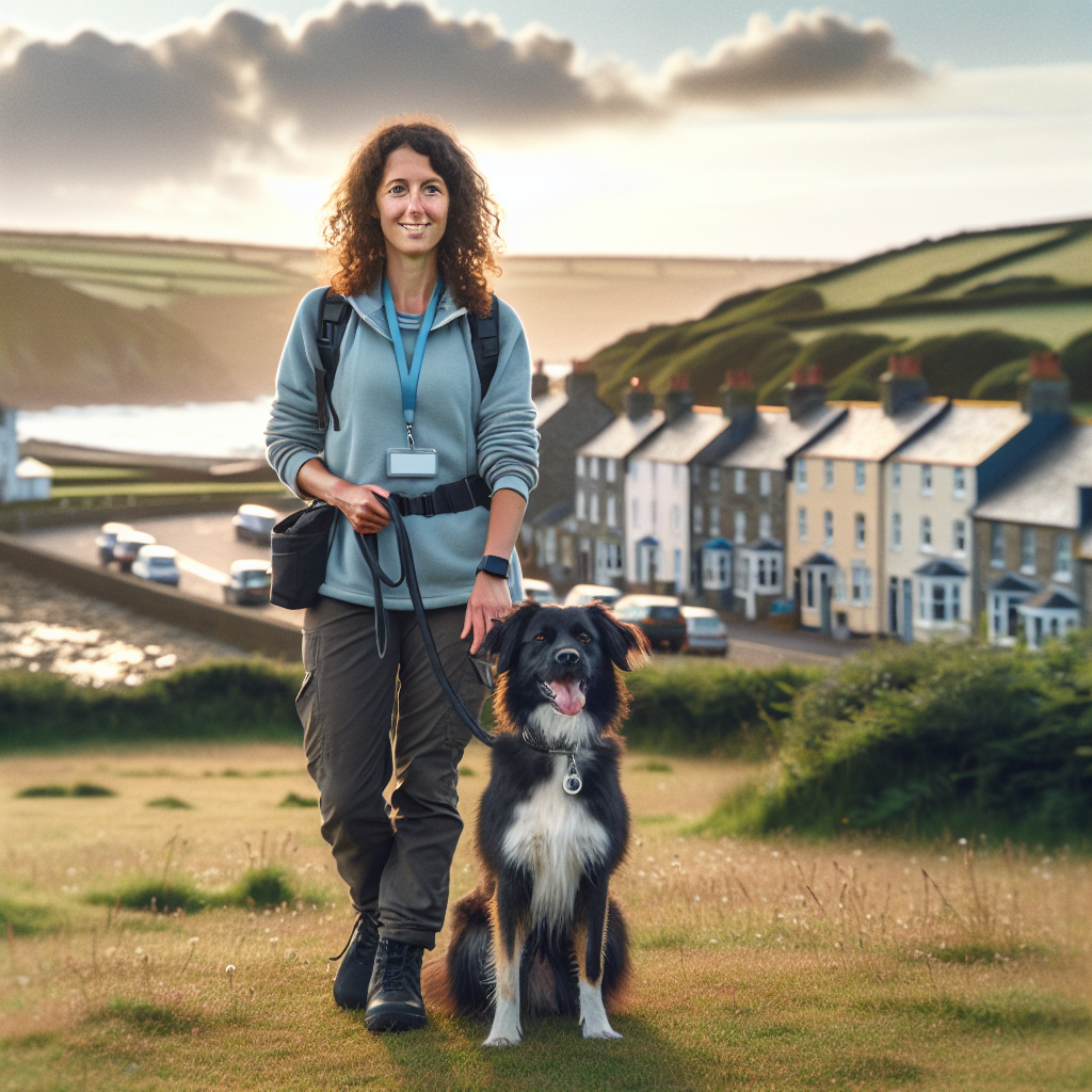 Smart trainer teaching heel and recall to a mixed-breed dog on a grassy area in Camborne