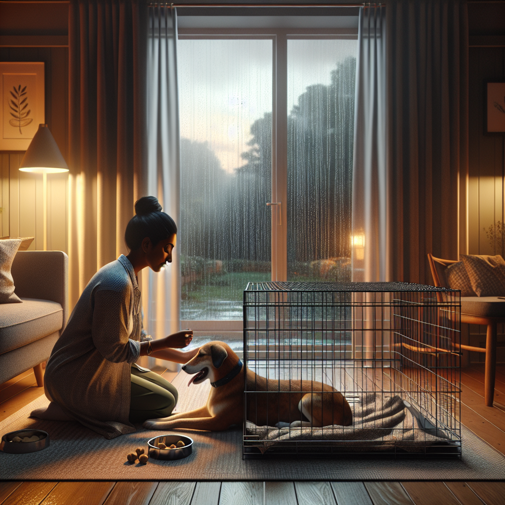 Trainer guiding a relaxed dog to settle in a covered crate during a UK thunderstorm