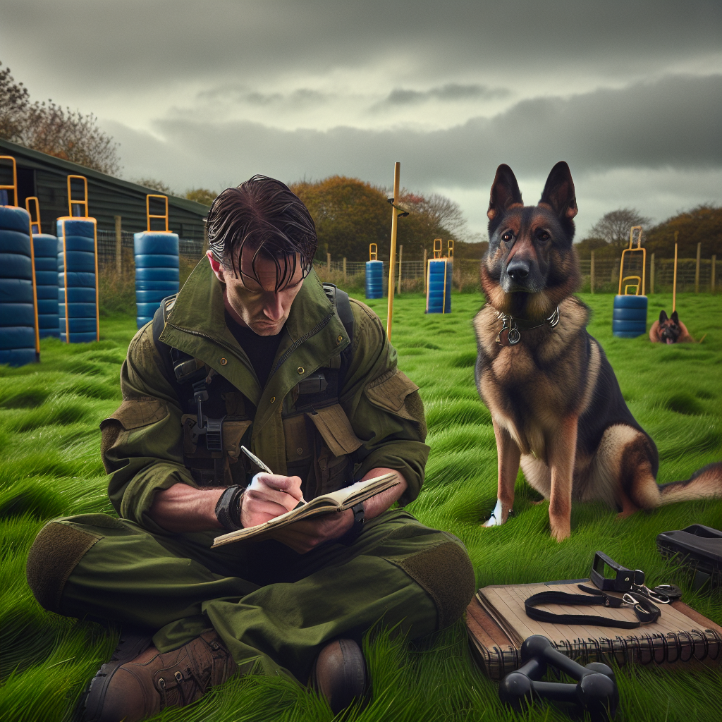 IGP handler in a UK field writing training notes with a German Shepherd and equipment nearby