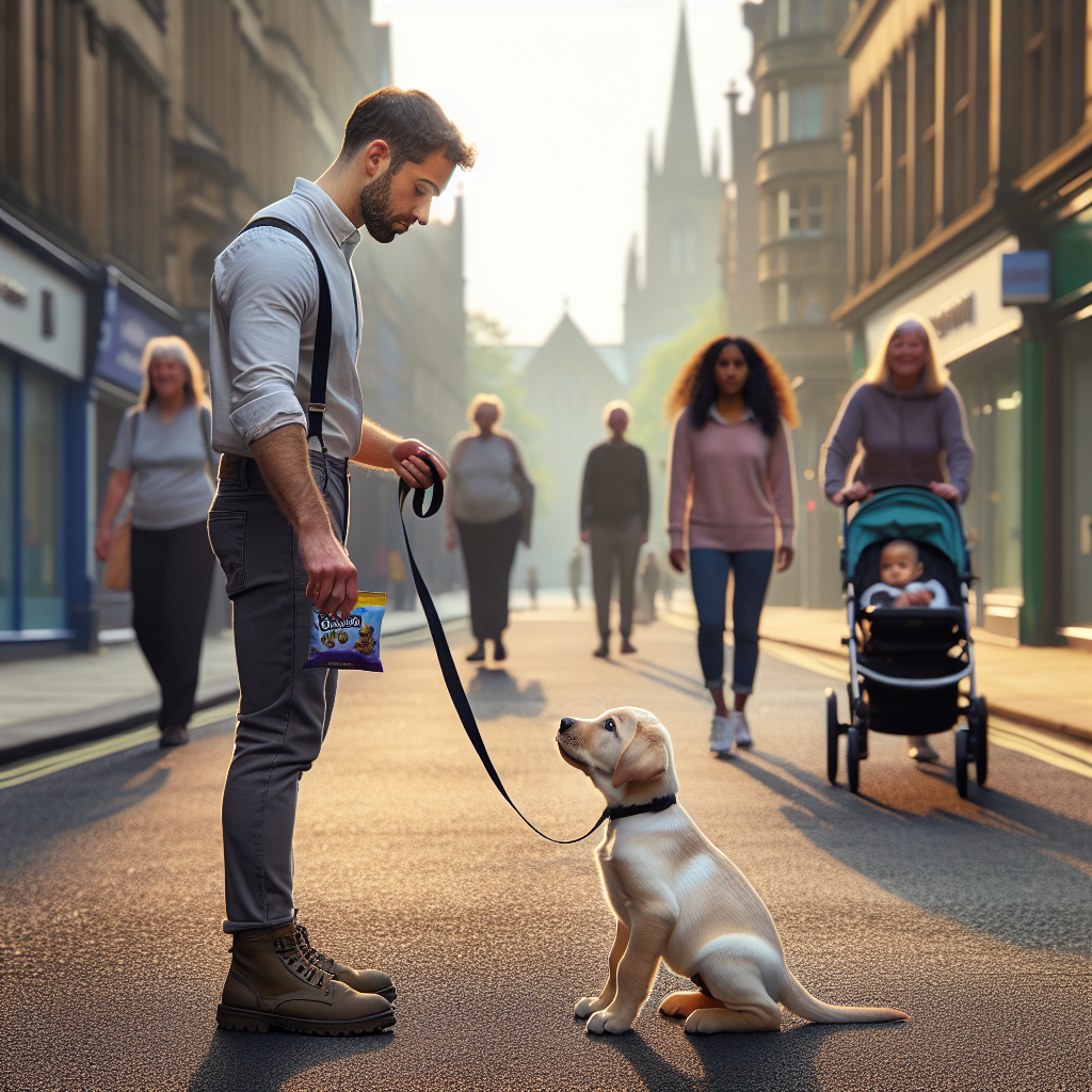 Trainer rewarding a focused Labrador puppy on a loose lead while people and a cyclist pass by