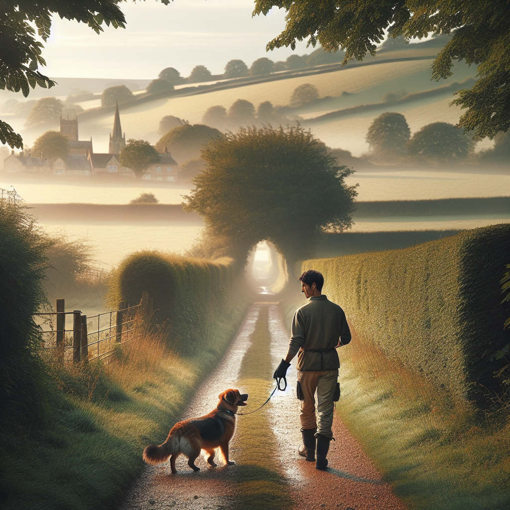 Trainer practising lead walking and recall with a dog on a quiet Wiltshire path near Warminster