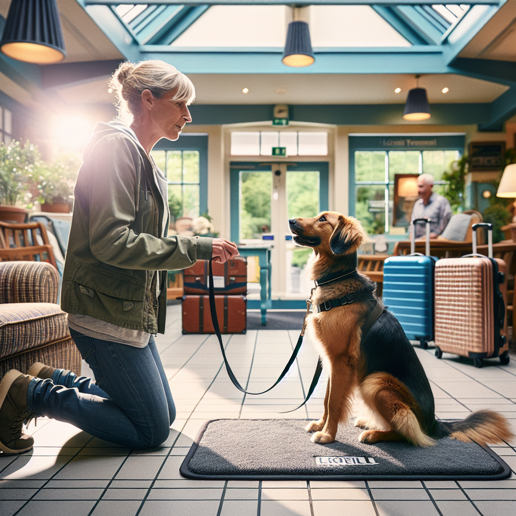 Trainer guiding a dog to settle on a mat in a hotel lobby during holiday travel practice