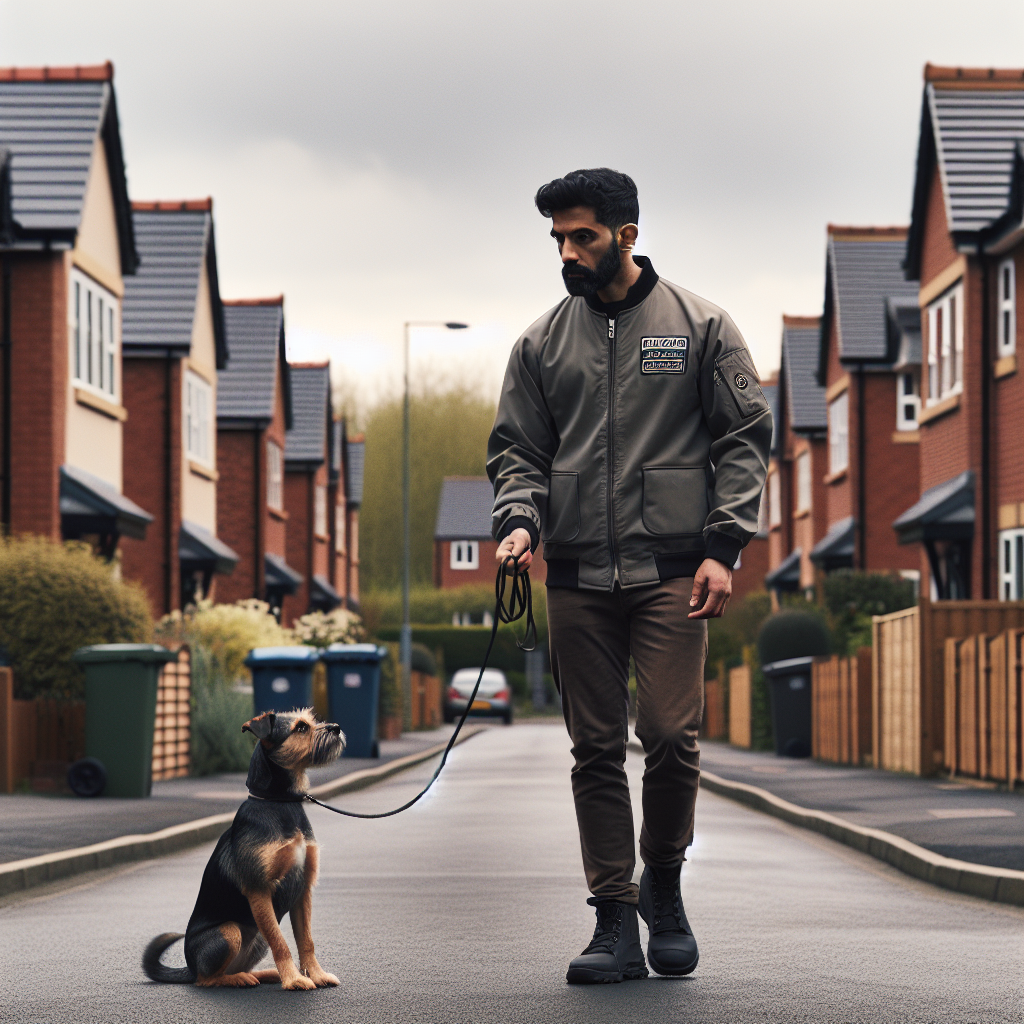 Trainer practising loose-lead walking with a mixed-breed dog on a quiet West Midlands street