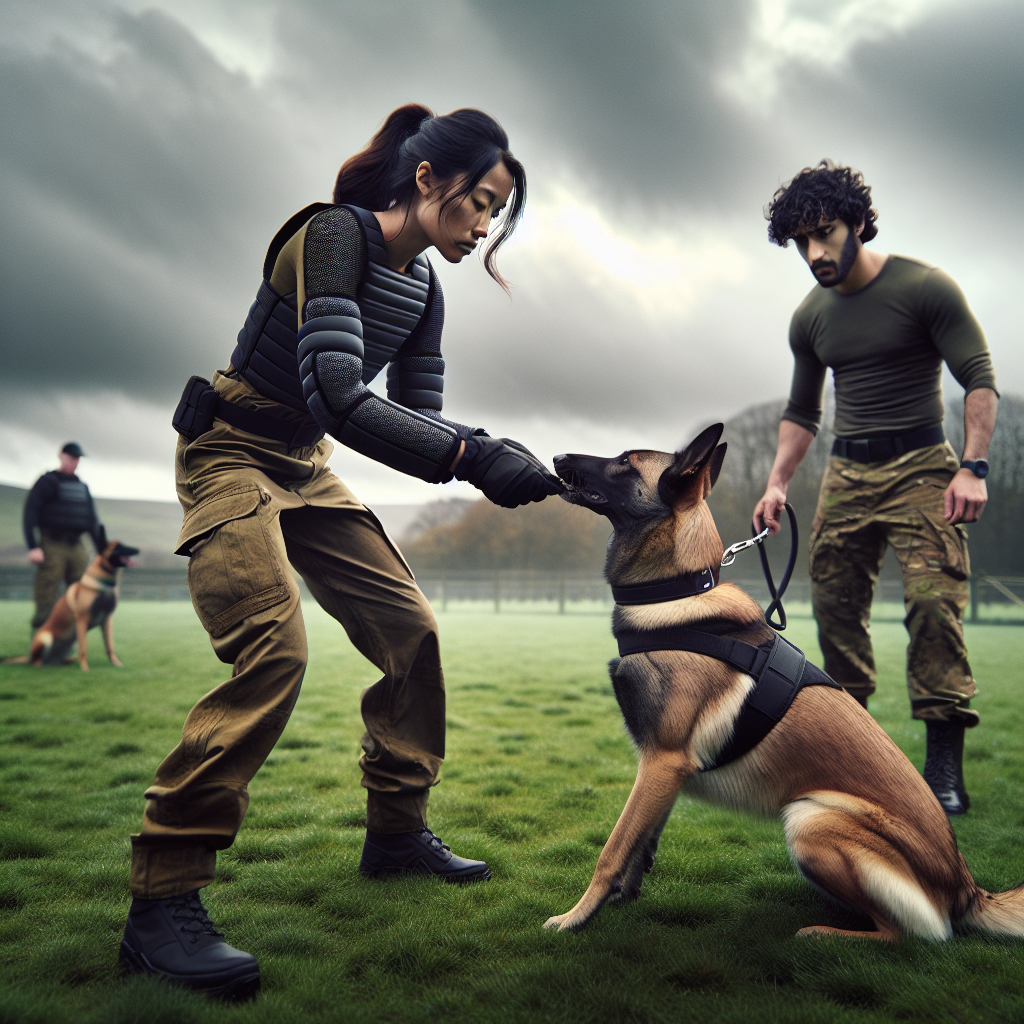 Helper guiding a Malinois into a calm full grip while handler marks behaviour on a UK training field