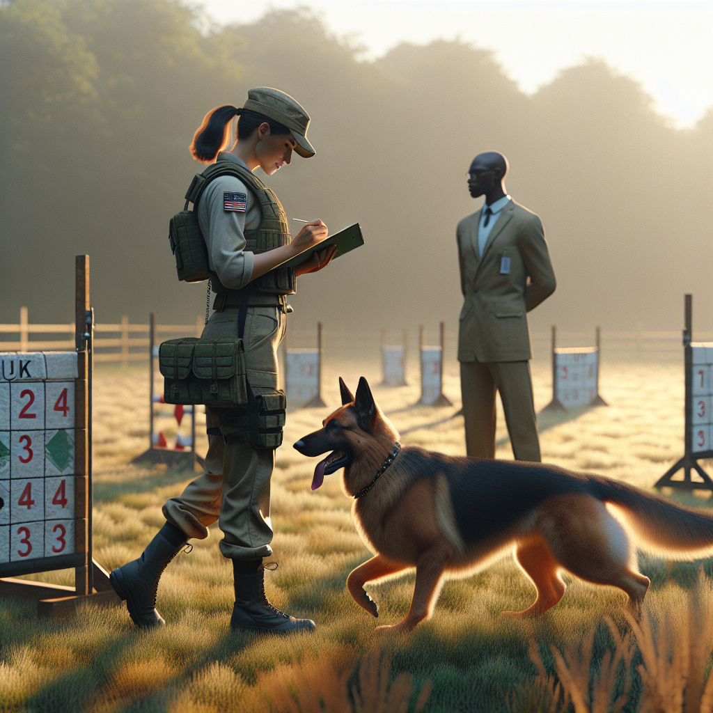 Handler and German Shepherd heeling on an IGP field with judge and trial equipment in view