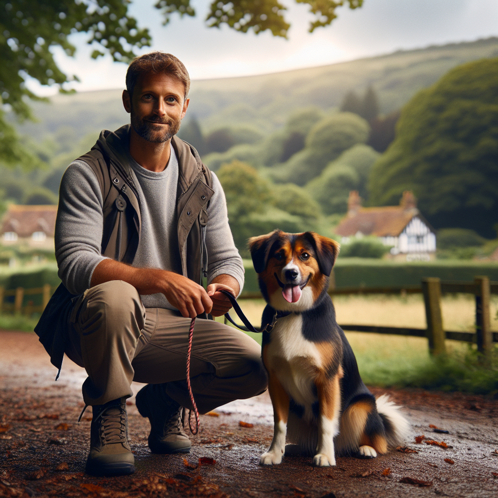 Trainer practising loose lead walking with a mixed breed dog in a leafy UK park near hills
