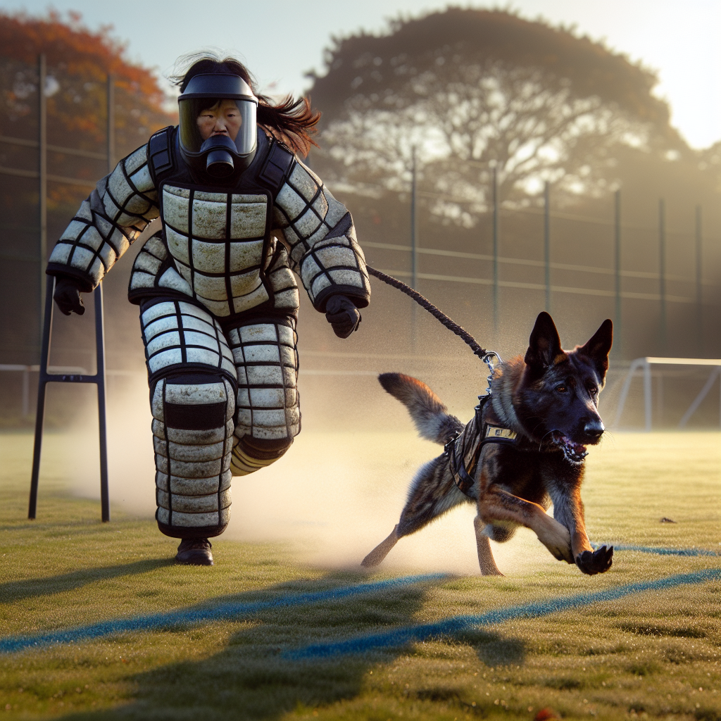 Working dog charging toward a helper during the IGP courage test on a UK field