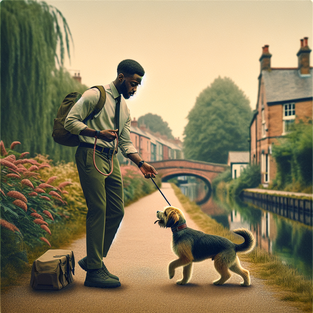 Trainer practising loose lead and recall with a mixed breed dog on a leafy canal towpath near a Shropshire market town