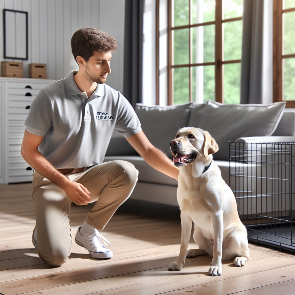 Smart trainer guiding an adult Labrador through calm crate door manners in a bright UK living room