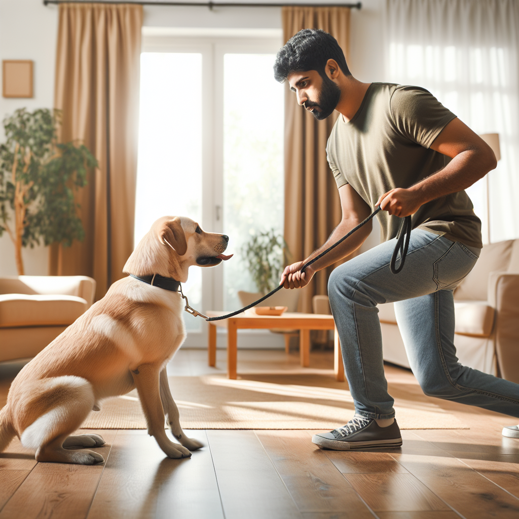 UK trainer demonstrates dog body pressure training to shape heel indoors with a calm Labrador mix