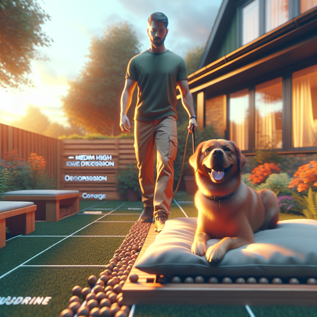 UK trainer working a high-drive dog, then resting on a place bed for decompression in a calm garden