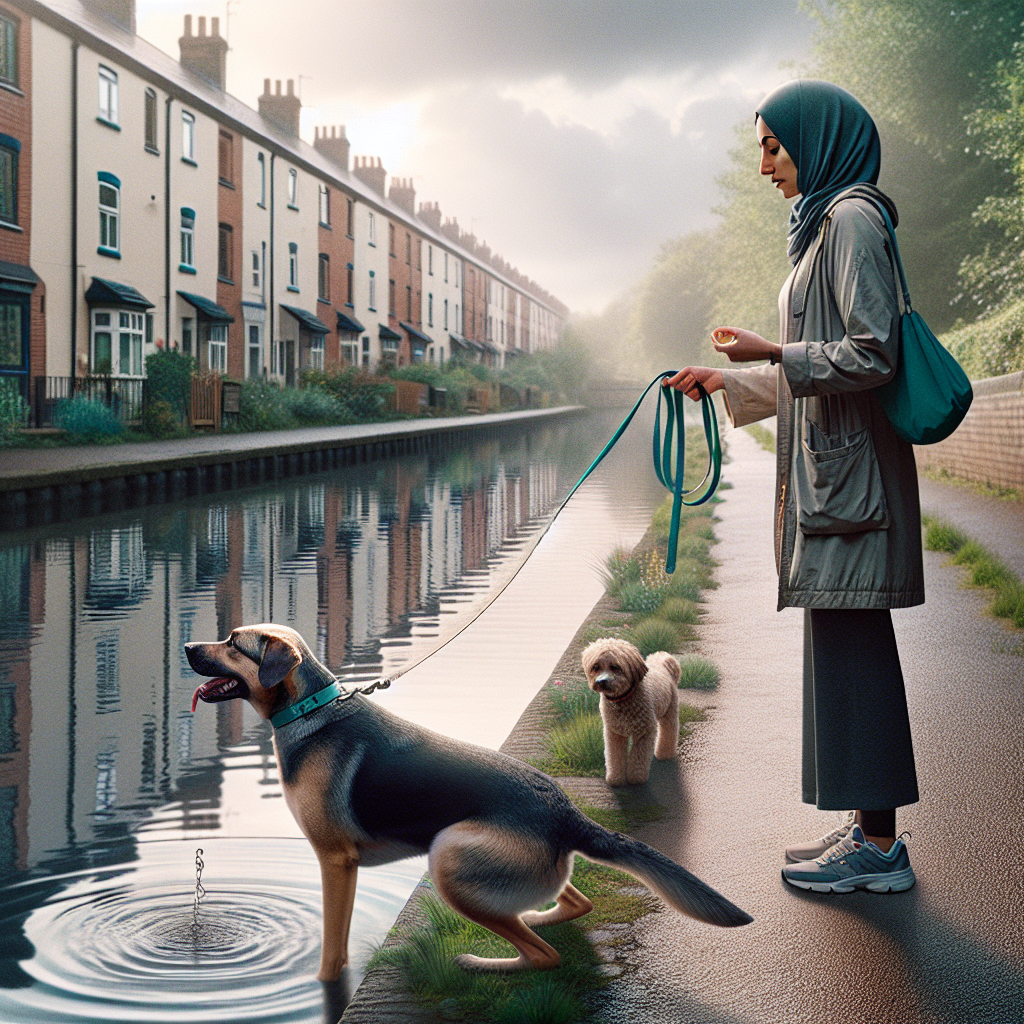 Smart trainer teaching loose lead walking with a mixed breed dog on a canal path in Coseley