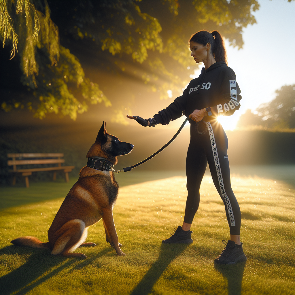 Trainer cues a Malinois to out from a tug under helper pressure in a UK field, calm guard and loose leash
