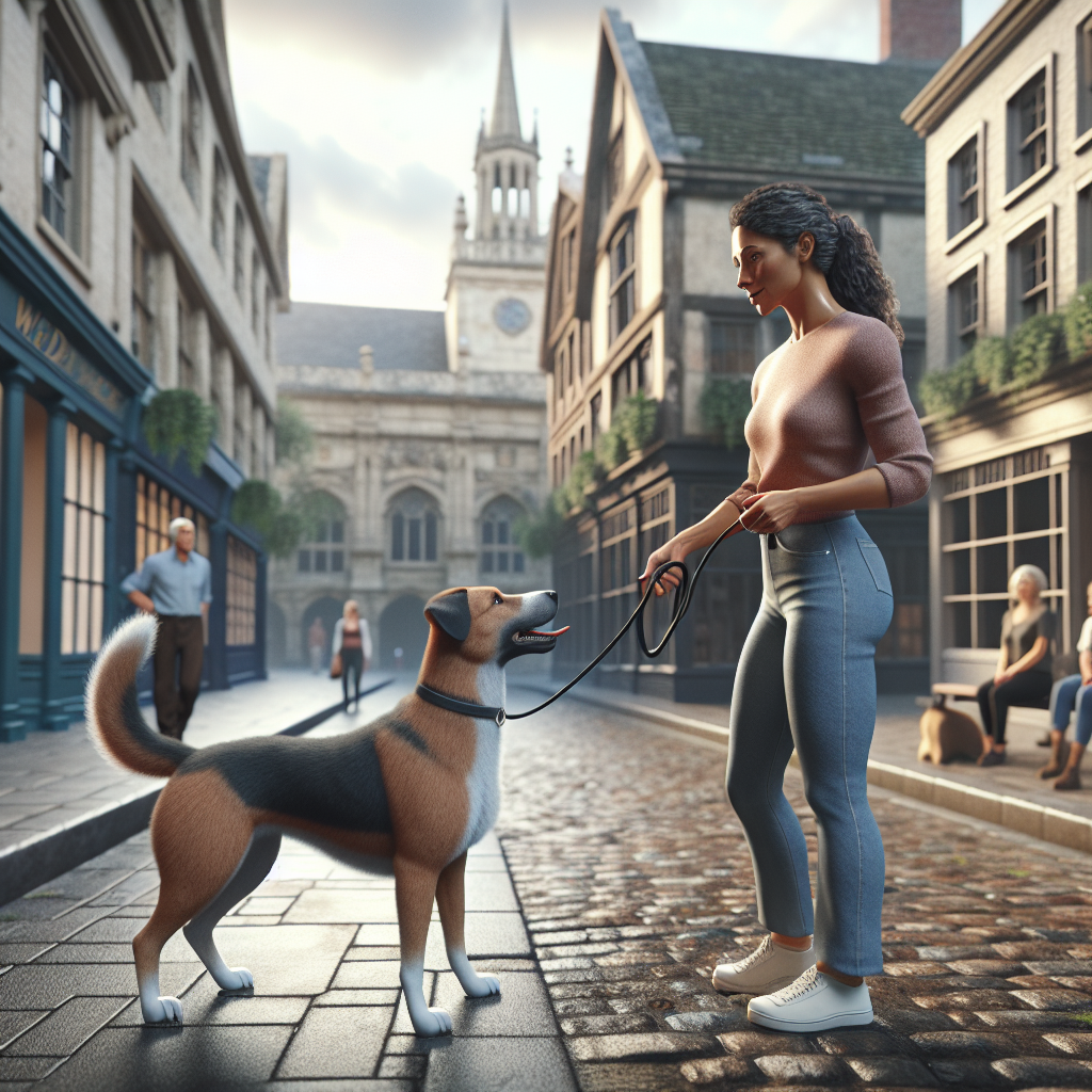 Trainer guiding a focused dog on loose lead and place training in a historic Winchester street