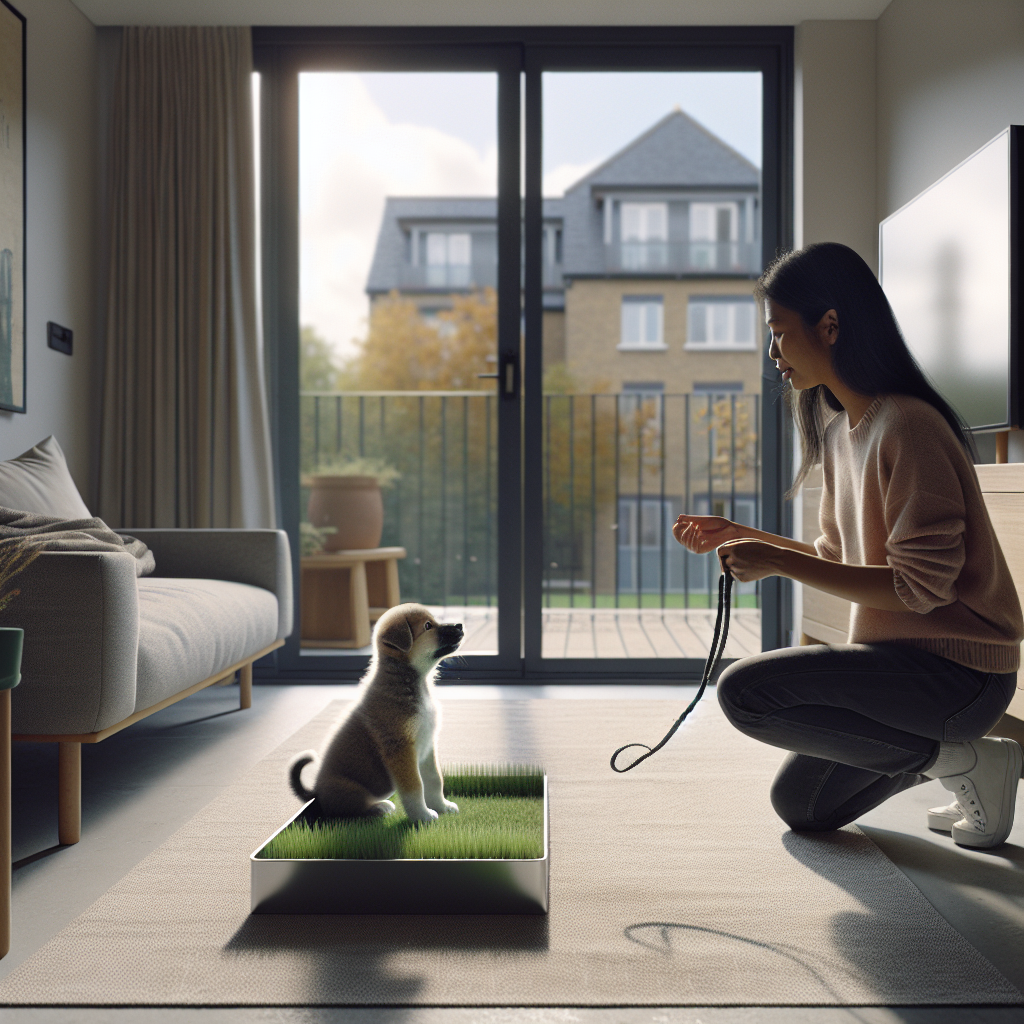 Trainer guiding a puppy to a balcony grass tray in a UK apartment during toilet training