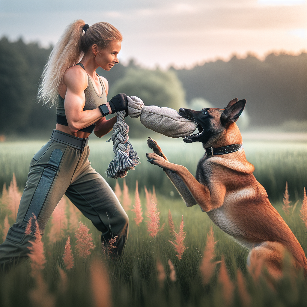 UK trainer shaping a full grip during foundation toy play with a Belgian Malinois on a field