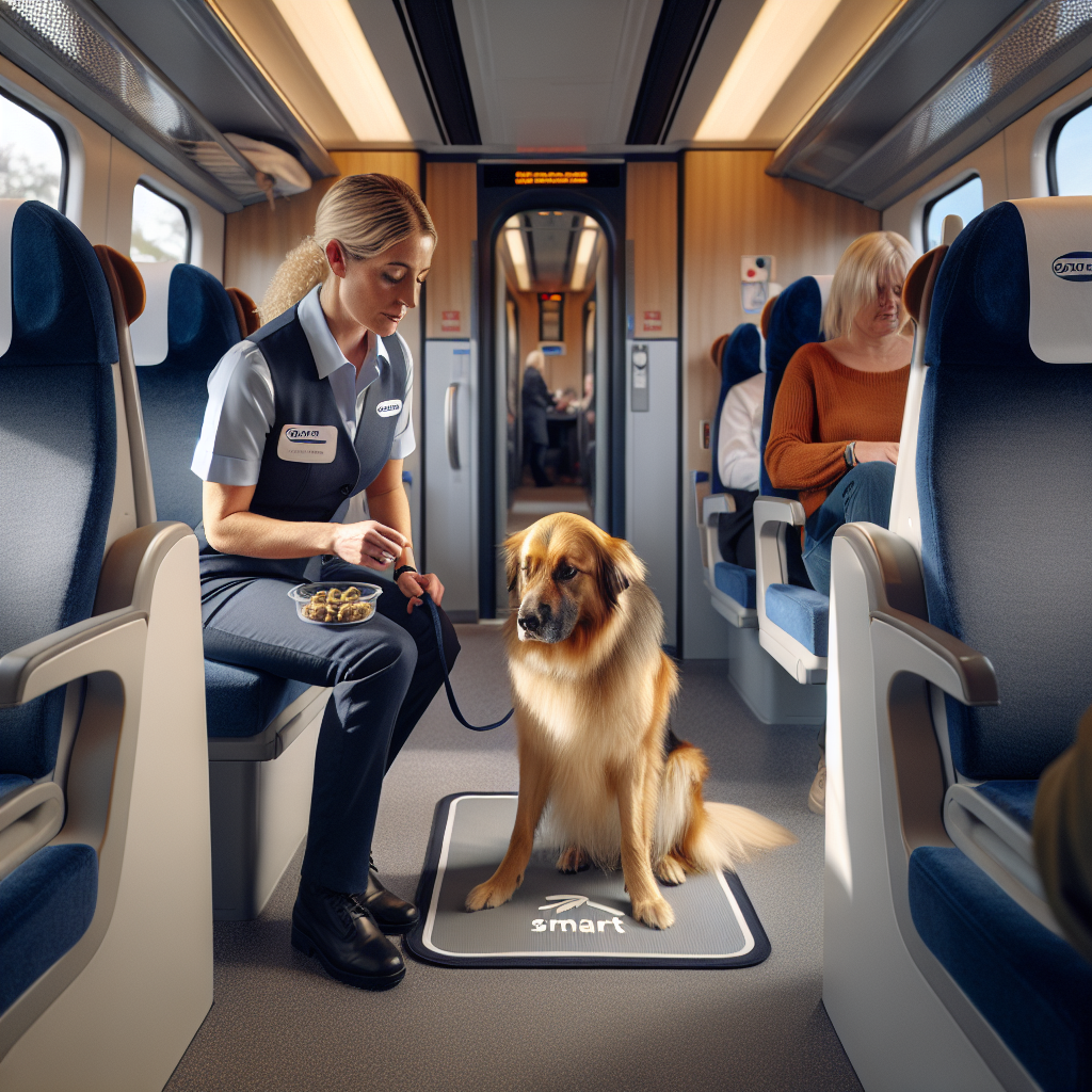 Dog settling on a mat under a train seat while a professional trainer provides calm guidance on a UK carriage