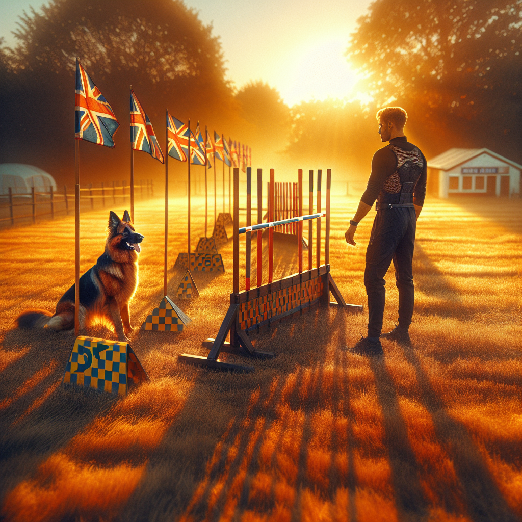 Trainer and German Shepherd practising IGP heeling on a UK field with jumps, blinds, and tracking flags