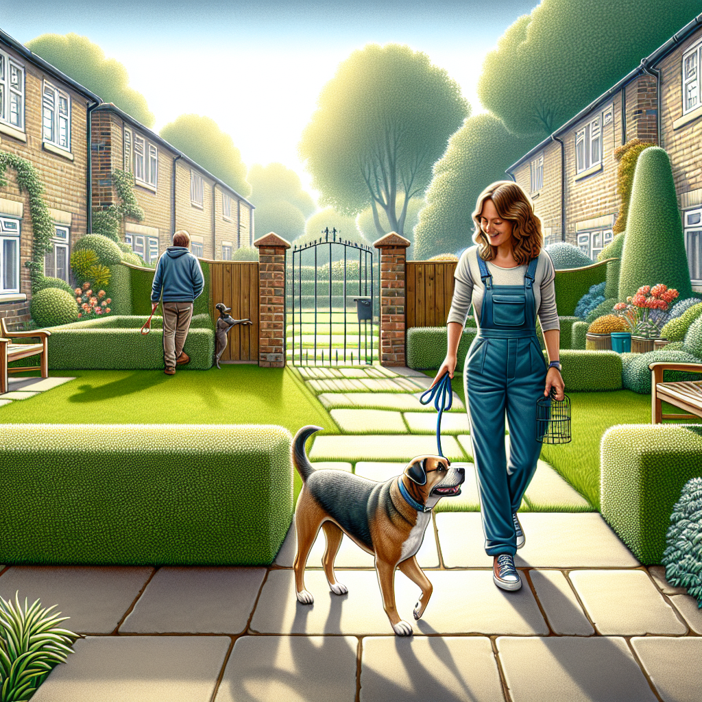 Trainer guiding a dog on a loose lead in a tidy UK shared garden as a neighbour walks by