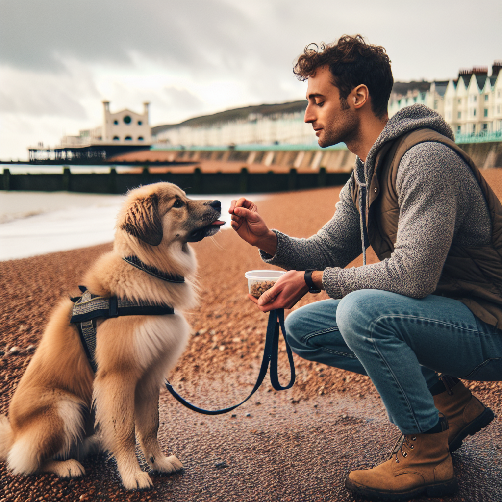 Trainer practising loose lead walking with a dog on a Brighton and Hove seafront promenade
