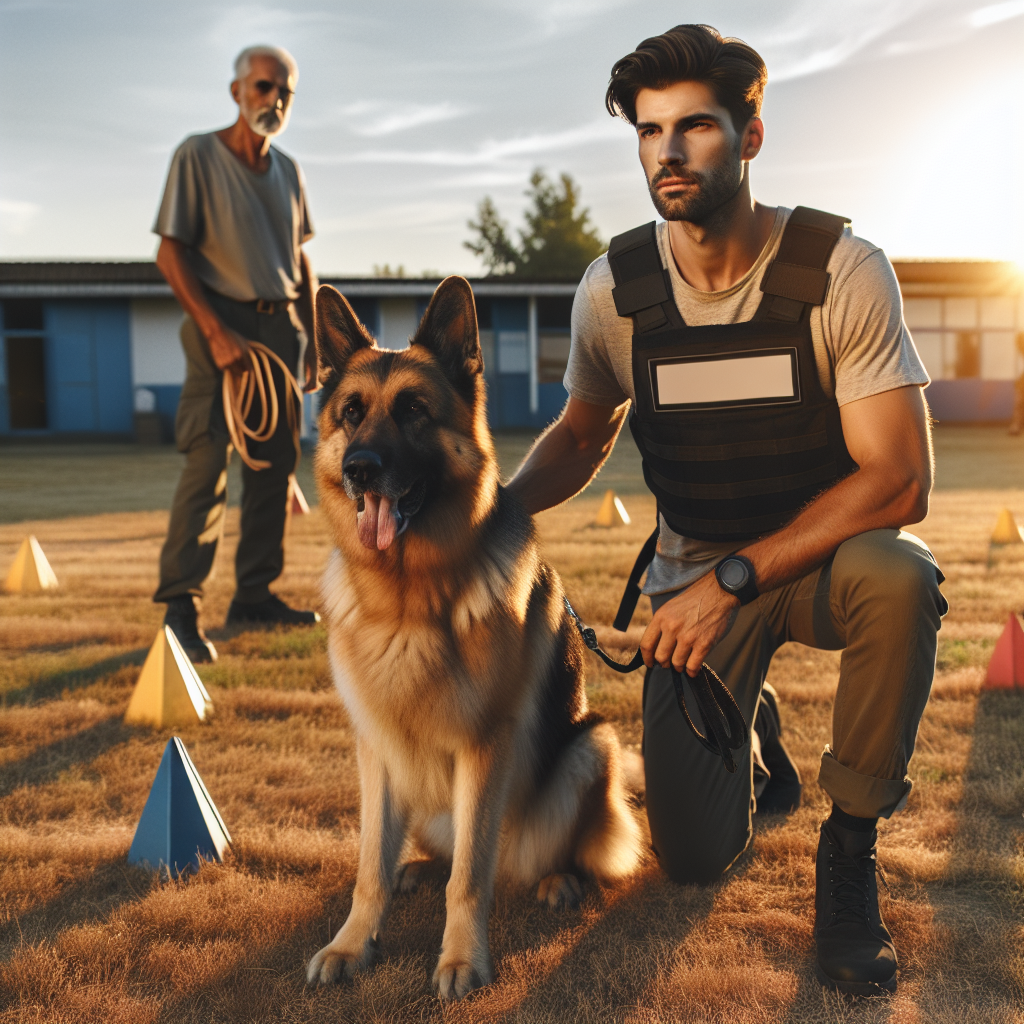 German Shepherd heeling on an IGP field with UK trainer, tracking flags and helper sleeve visible
