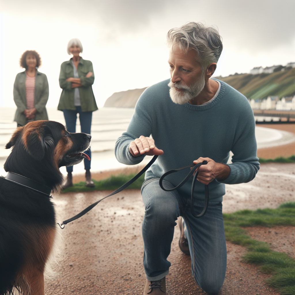 Trainer practising heel and recall with a mixed breed dog in a coastal UK park