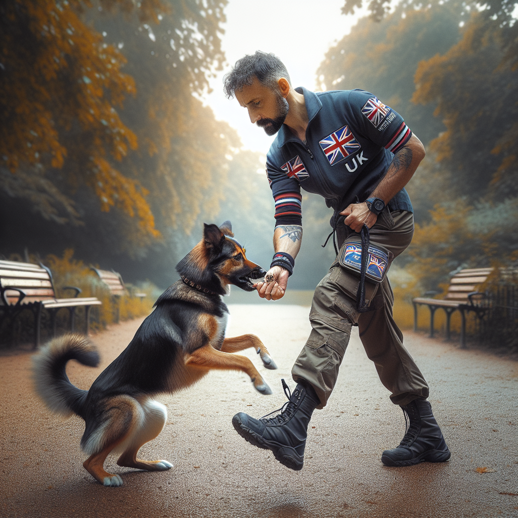 Trainer guiding a dog through a swing finish into heel with reward at the left seam in a UK park