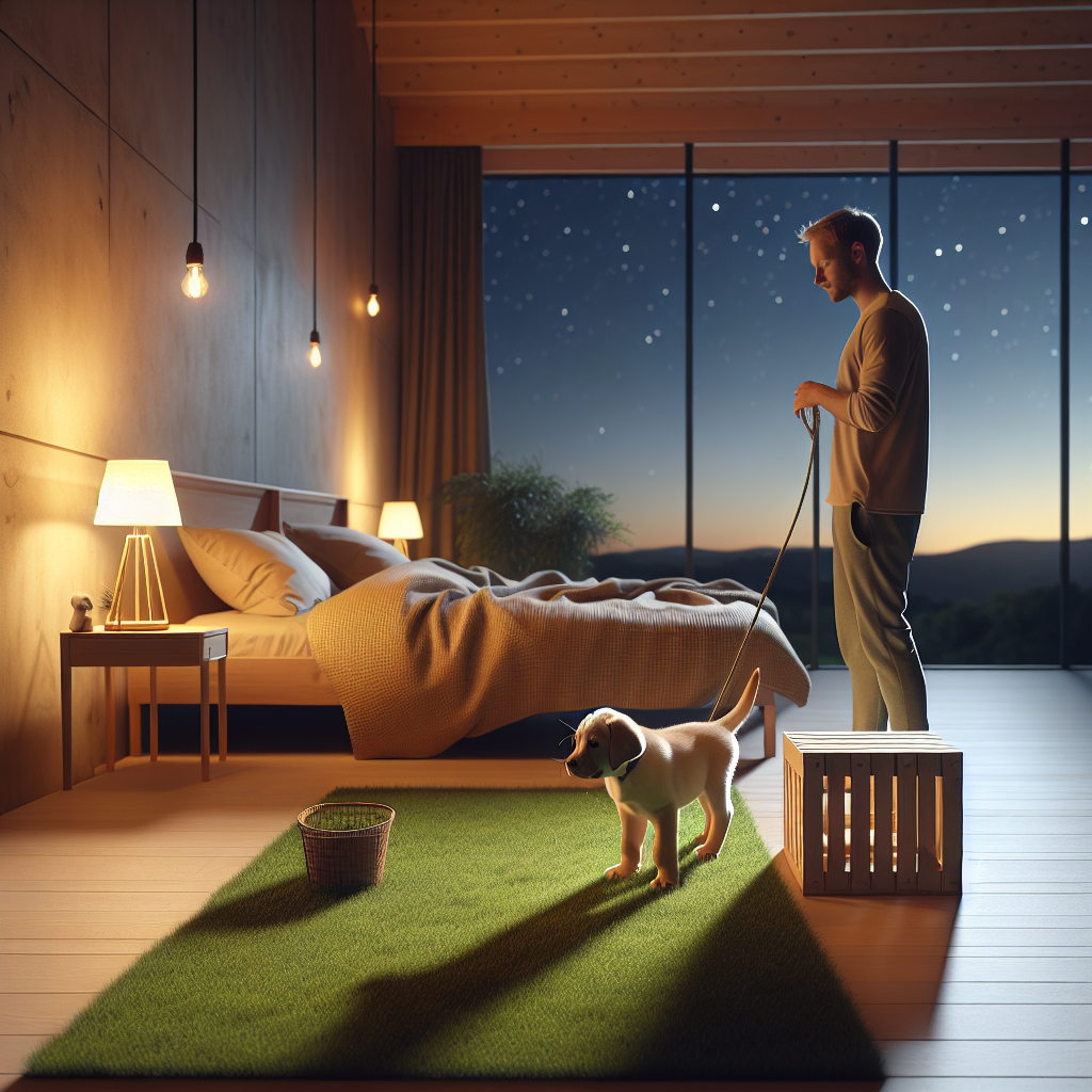 Owner guiding a Labrador puppy to toilet outside at night with a crate set up beside the bed