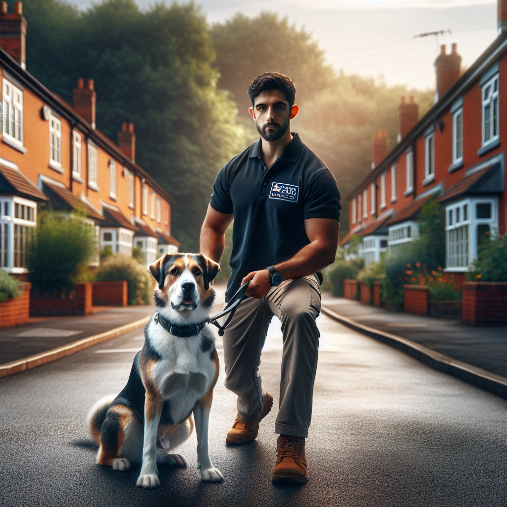 Trainer practising loose lead walking with a mixed breed dog on a quiet residential street in Wrexham