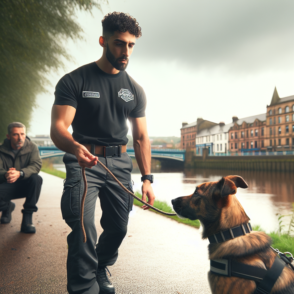 Trainer practising loose lead walking with a focused dog on a riverside path in Carlisle
