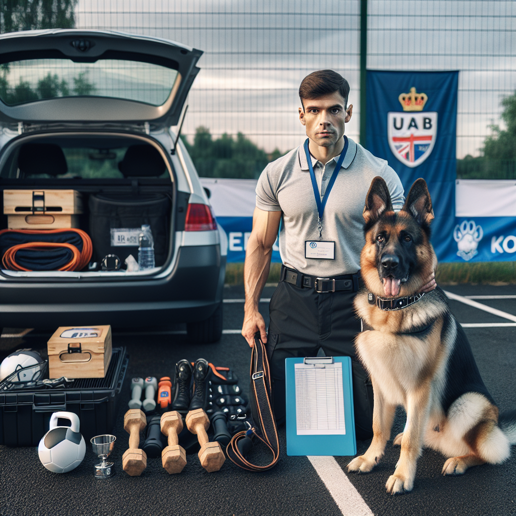 IGP handler organising trial day gear with a focused working dog beside an open car boot
