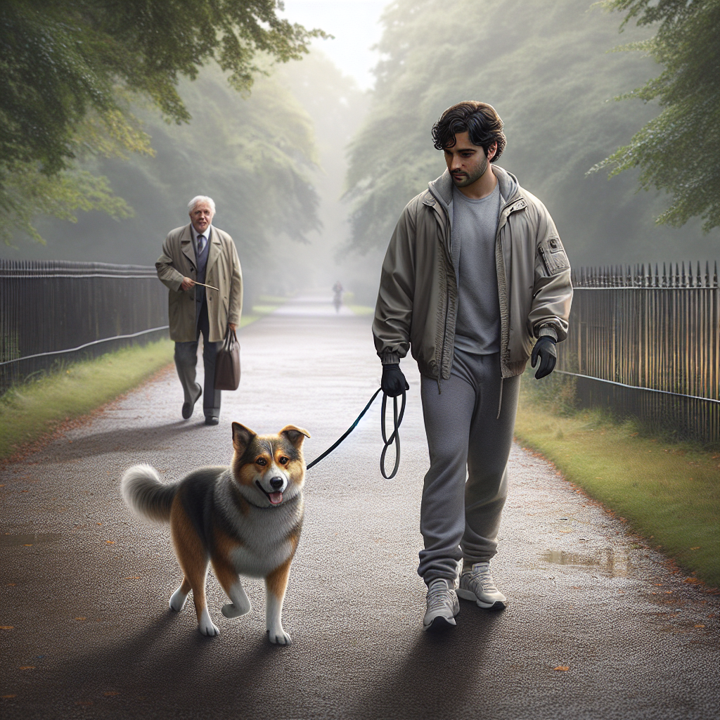 UK trainer guiding a calm mixed breed dog past another dog with a loose lead on a quiet suburban path
