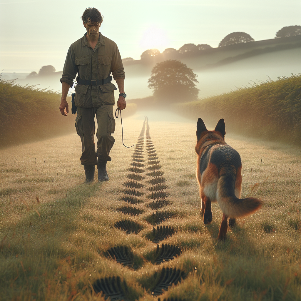 Trainer and German Shepherd working an even footstep tracking line in a UK field at sunrise