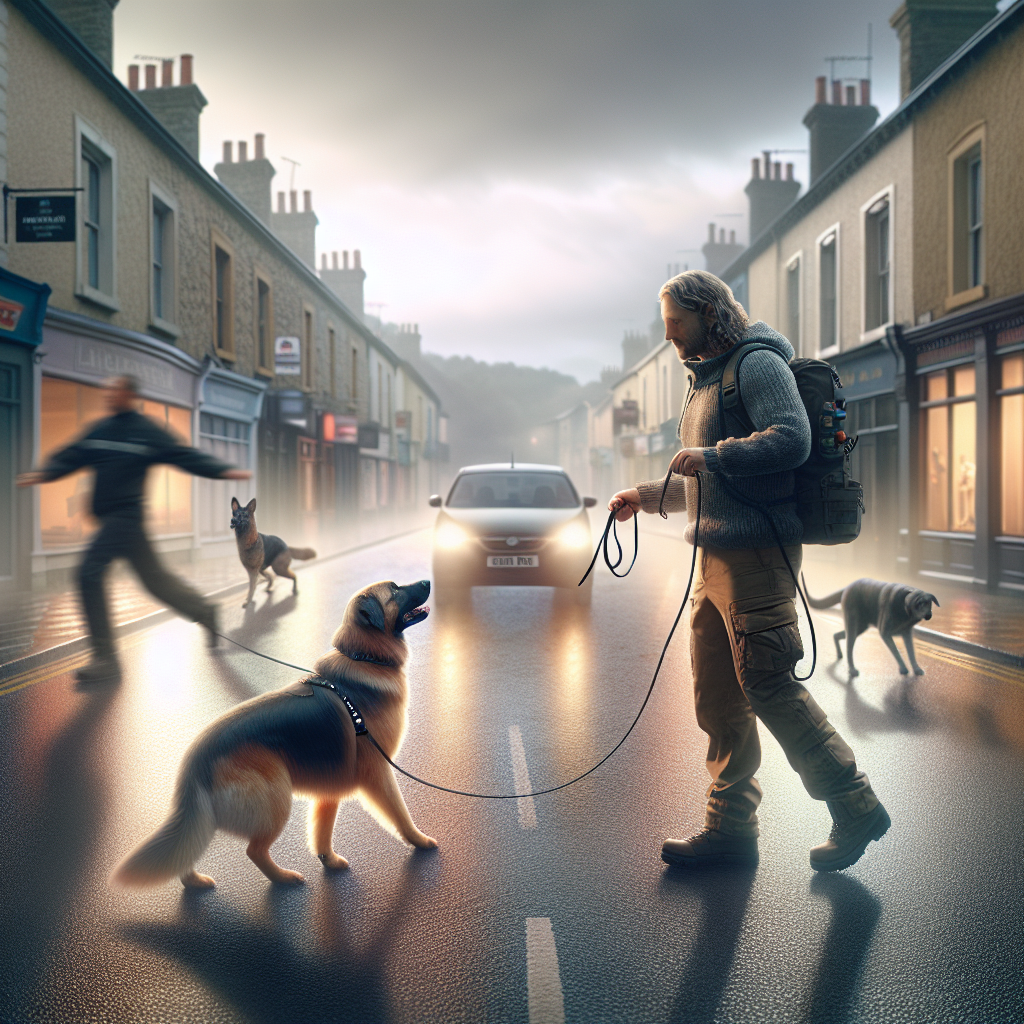 Trainer guiding a reactive dog on lead past a calm dog on a quiet UK street