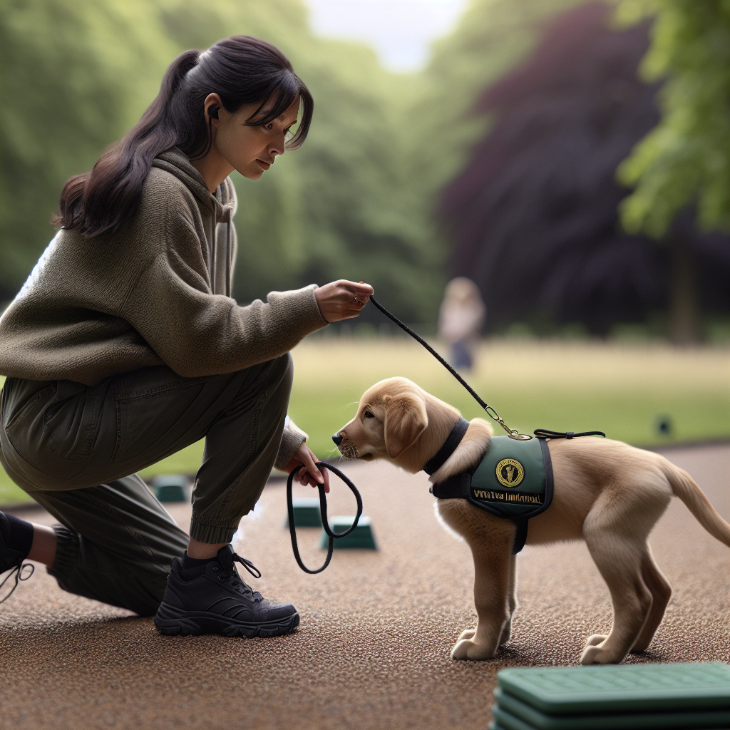 Smart trainer socialising an IGP puppy on varied surfaces in a UK park with calm engagement